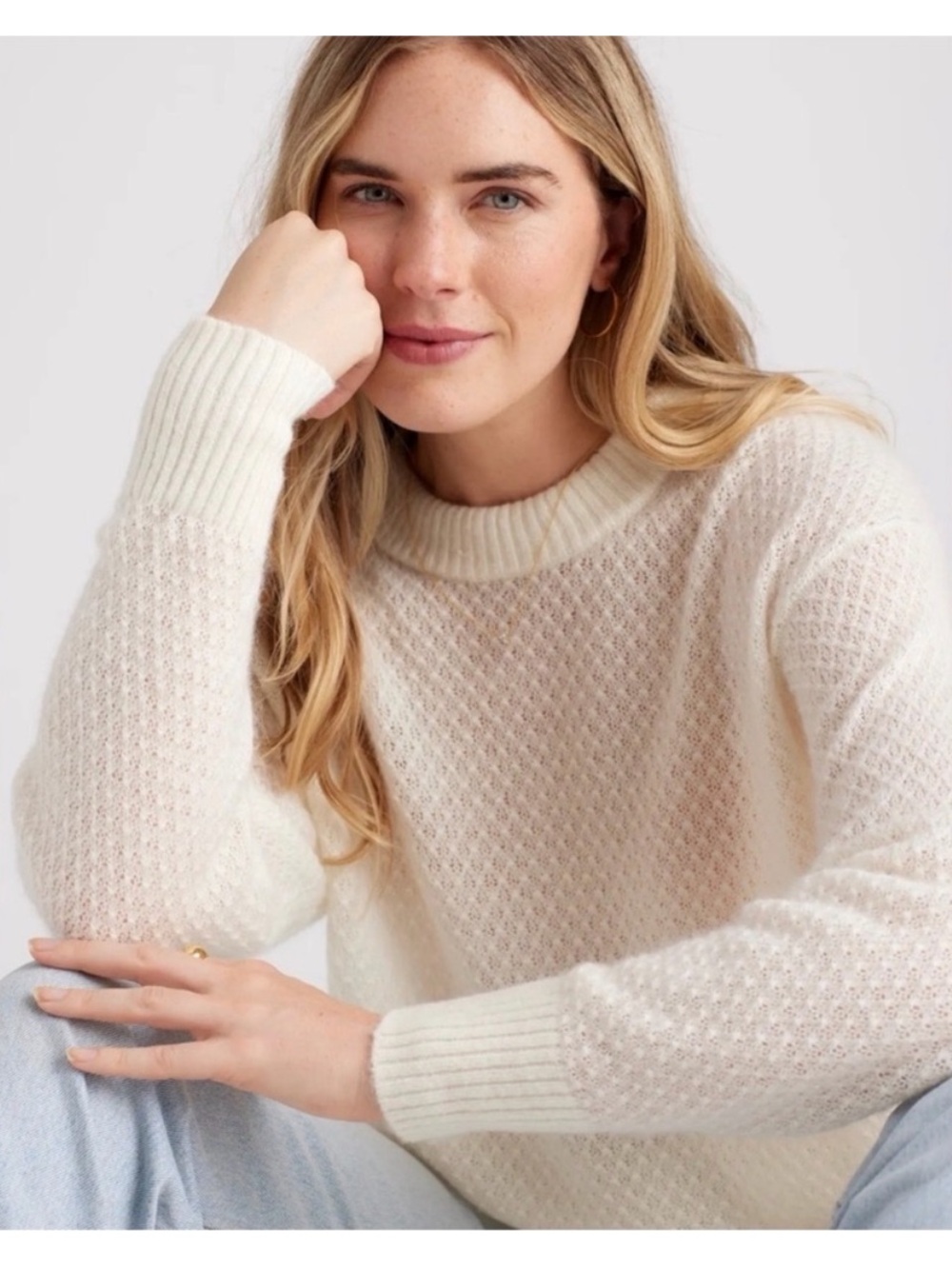 Quince Baby Alpaca-Wool Diamond Stitch Crew - Ivory